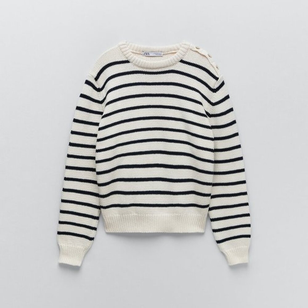 Striped Zara Faux Button-Shoulder Crewneck  Long Sleeve Knit Sweater (NWT)